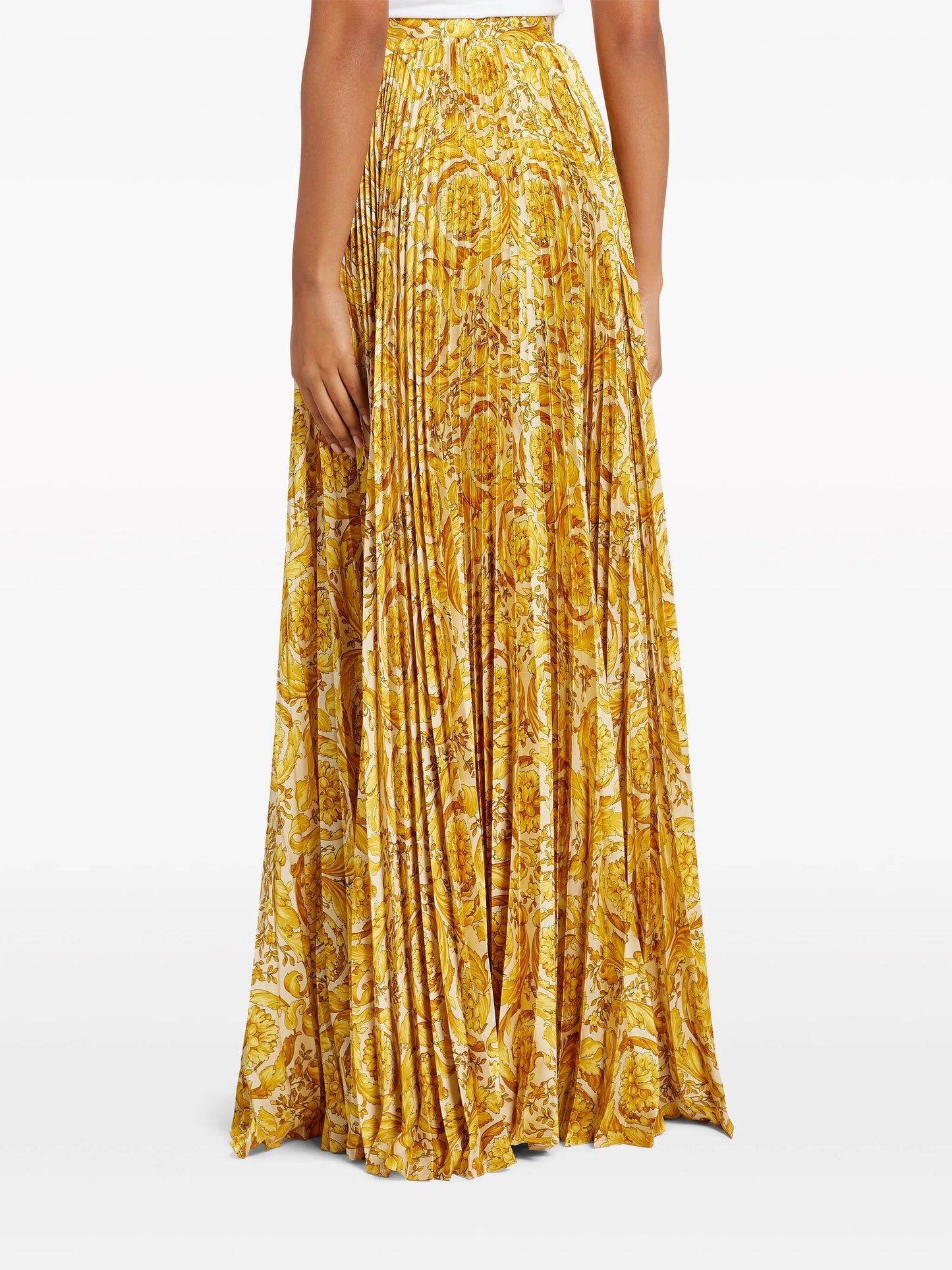 Barocco-print pleated satin skirt