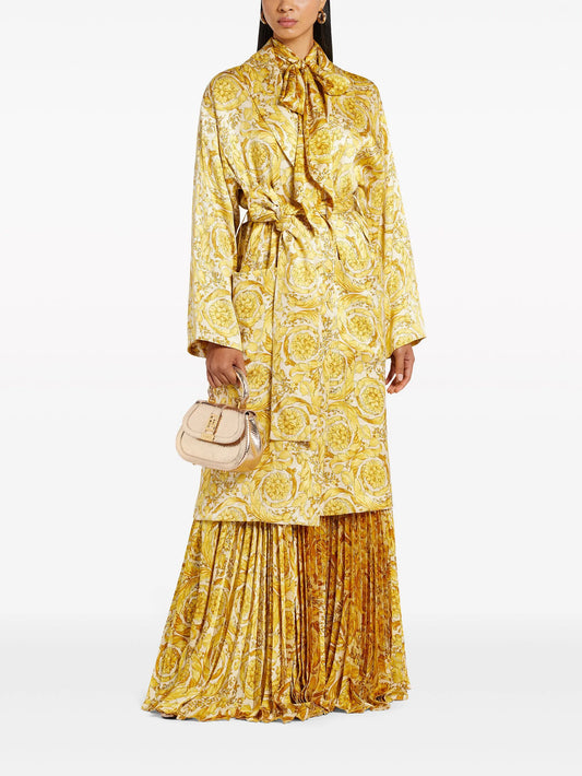 Barocco-print pleated satin skirt