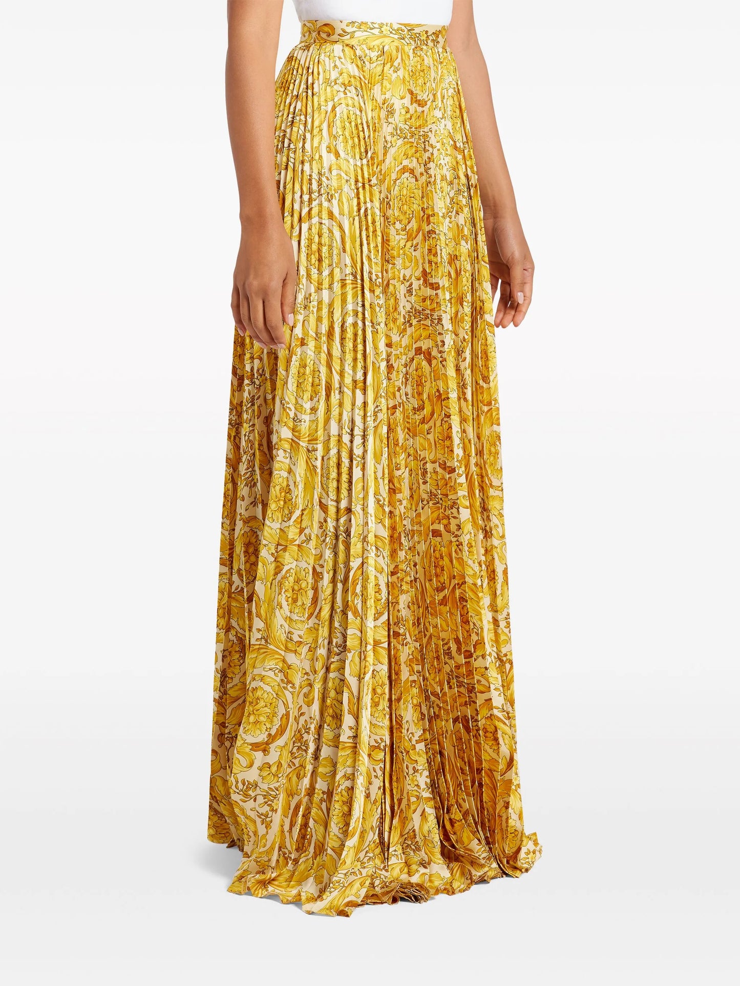 Barocco-print pleated satin skirt