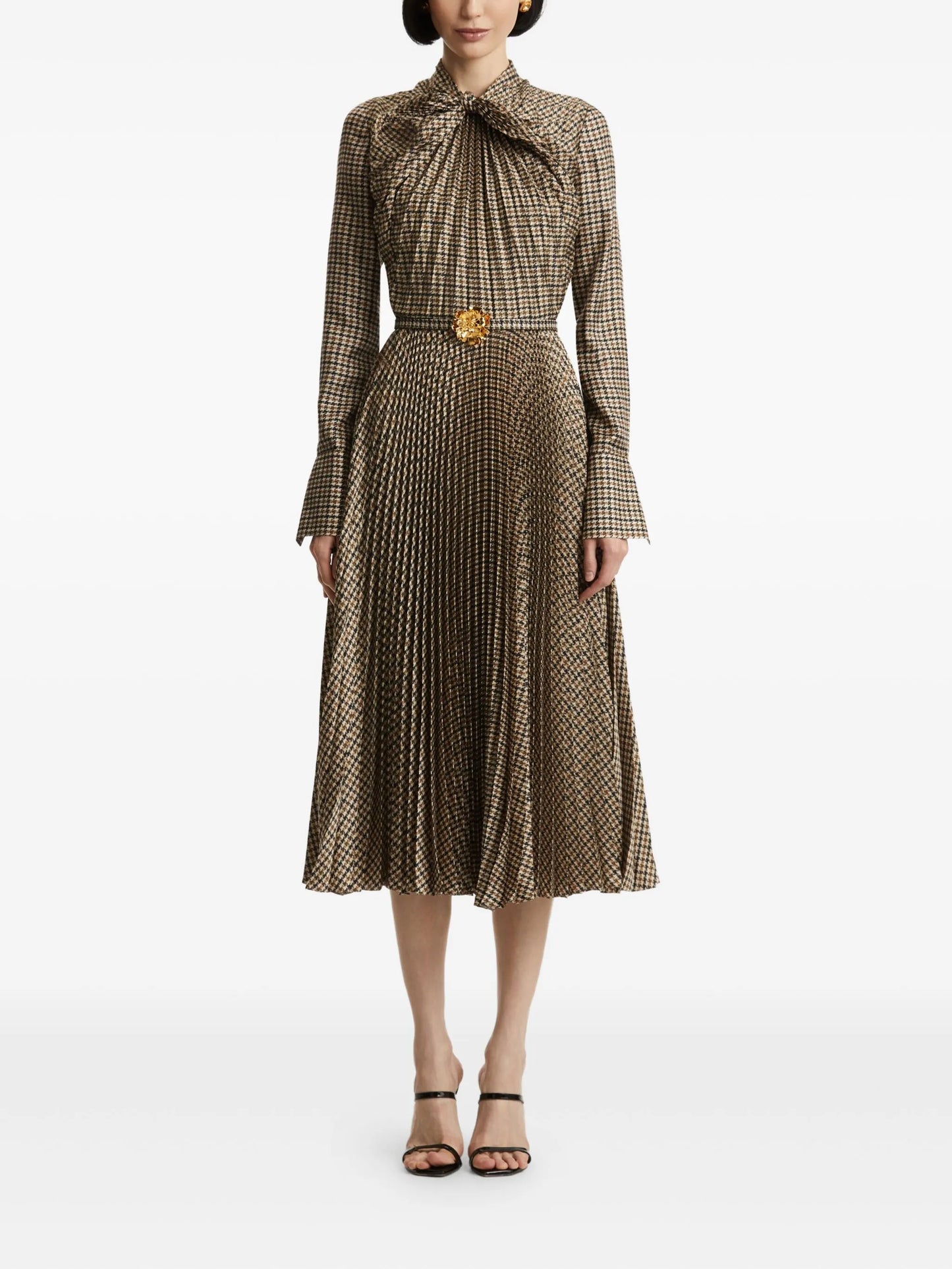 houndstooth pleated midi dress