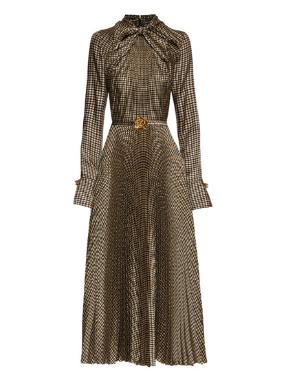 houndstooth pleated midi dress