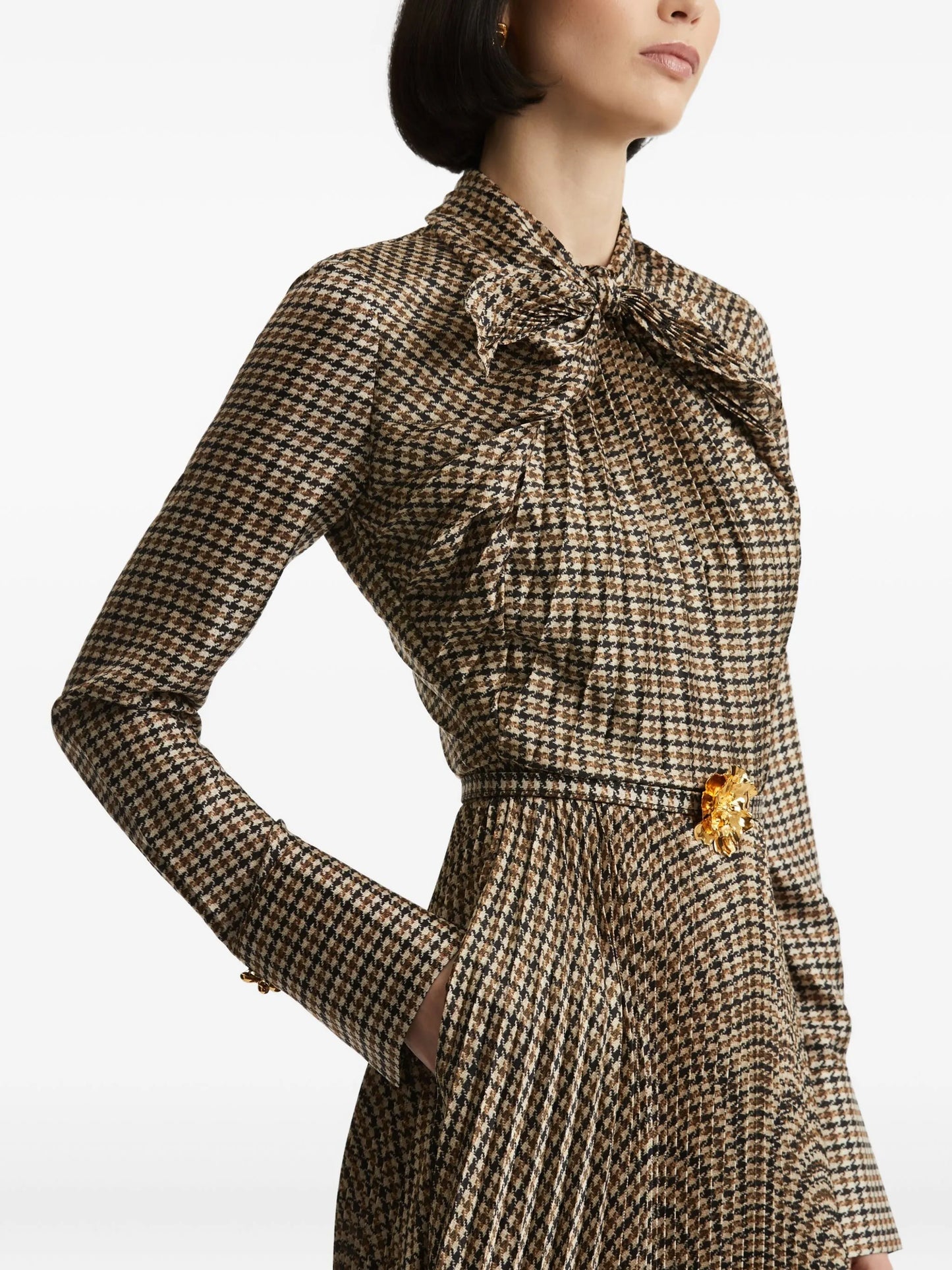 houndstooth pleated midi dress